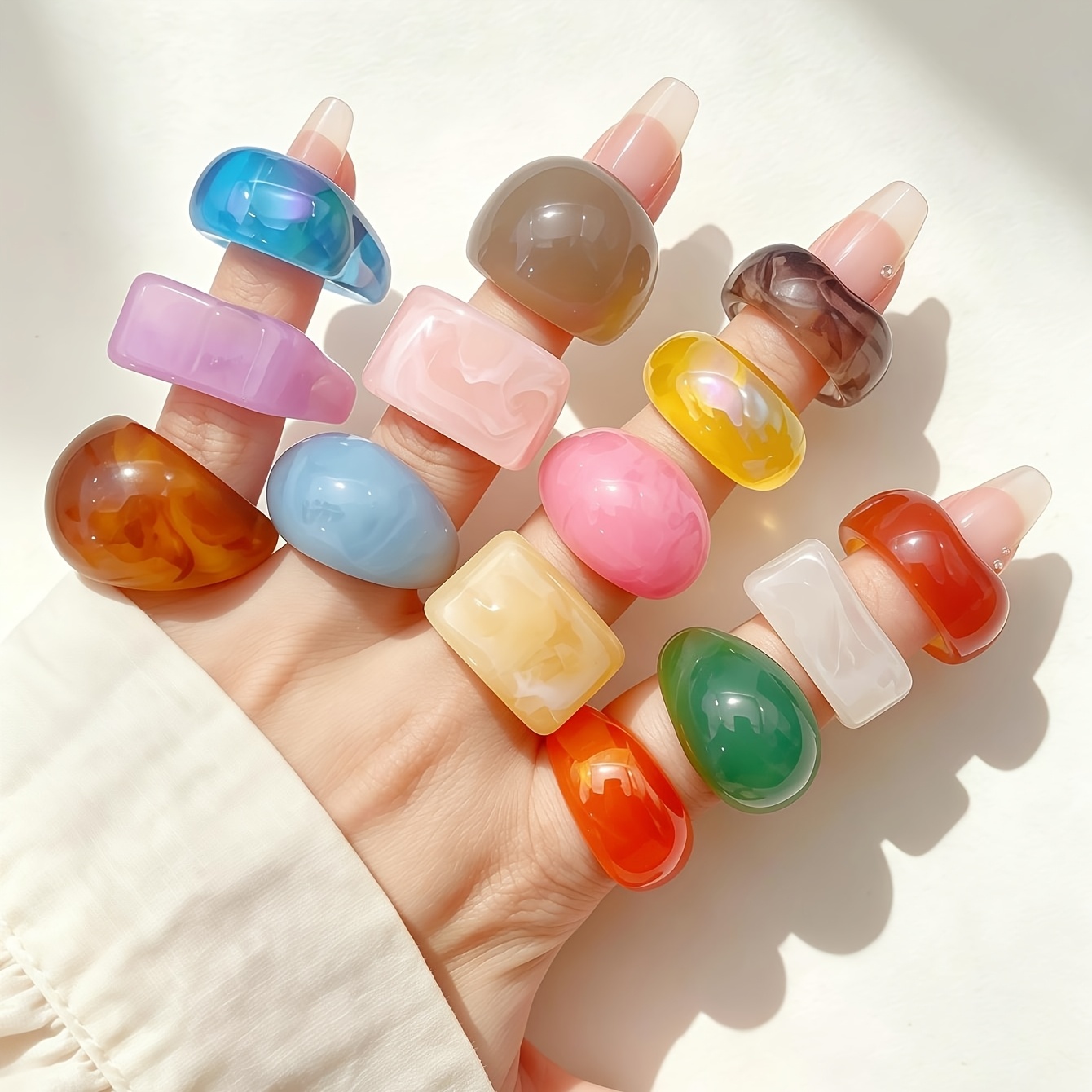 14pc Mixed-Style Colored Resin Ring Set, Trendy